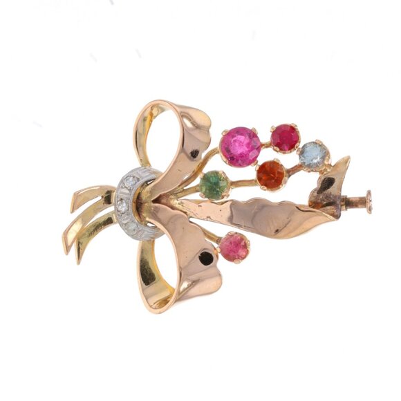 Yellow Gold Tourmaline Lab-Created Ruby Retro Brooch - 18k 1.52ctw Vintage Pin